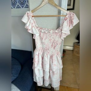 EXPRESS WATERCOLOR PRINT SMOCKED TIERED RUFFLE OFF THE SHOULDER DRESS Size S